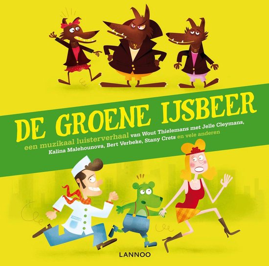 Boek 'De Groene Ijsbeer' met vrolijke illustraties van weerwolven, een kok, een ijsbeer en een vrouw.