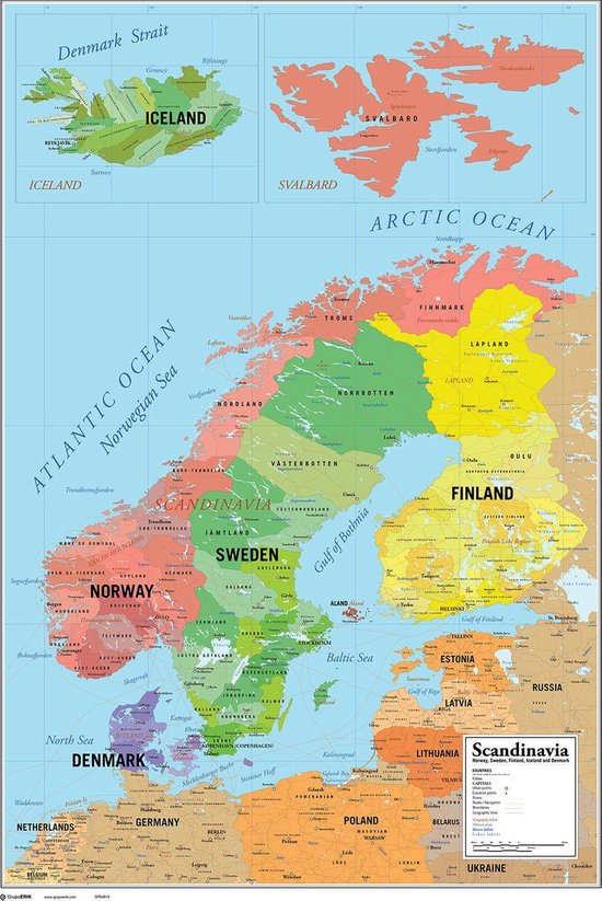 Scandinavië kaart poster - landkaart - Zweden - Noorwegen - Finland - 61 x 91.5 cm