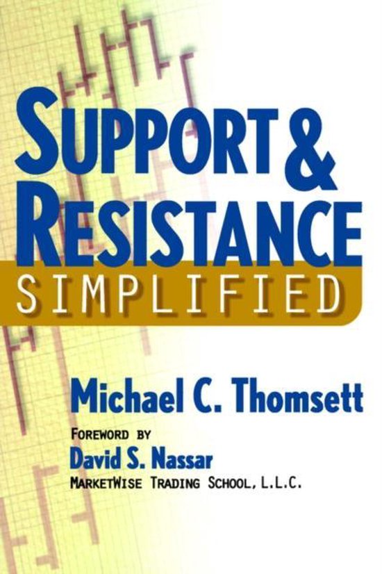 Livre "Support & Resistance Simplified" par Michael C. Thomsett, préface de David S. Nassar. Fond graphique financier.