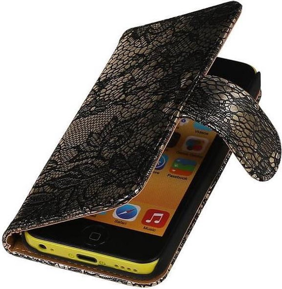 Bloem Bookstyle Hoesje - Wallet Case Telefoonhoesjes - Geschikt voor iPhone 5C Zwart