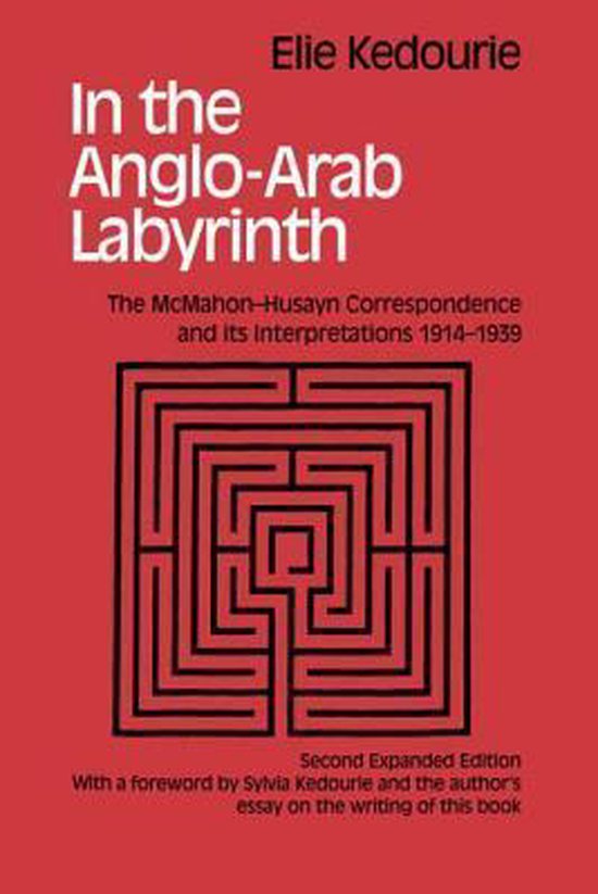 Boek "In the Anglo-Arab Labyrinth" met een afbeelding van een doolhof. Titel en ondertitel in witte letters op rode achtergrond.
