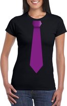 Zwart t-shirt met paarse stropdas dames XL