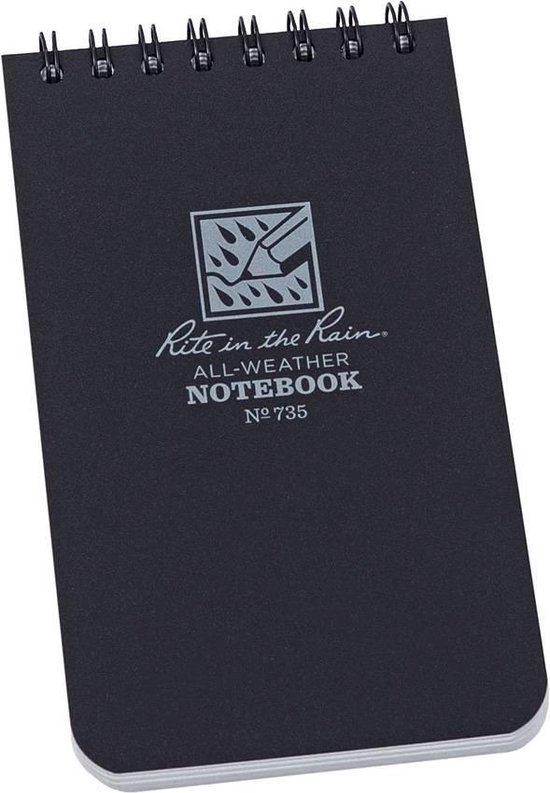 Zwarte Rite in the Rain all-weather notitieboek, No. 735, met zilveren logo en spiraalbinding.