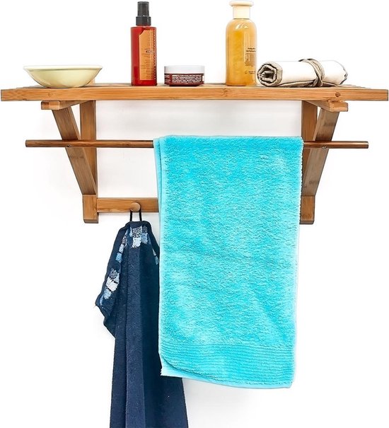 relaxdays Unité murale en bois de bambou salle de bain / cuisine - Armoire-penderie - Etagère 4 crochets à tige.