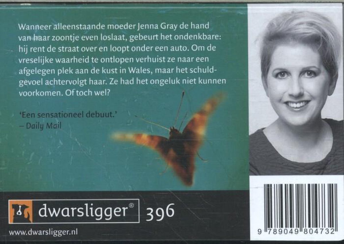 Achterkant boek met portret van vrouw en vlinder. Tekst in het Nederlands.