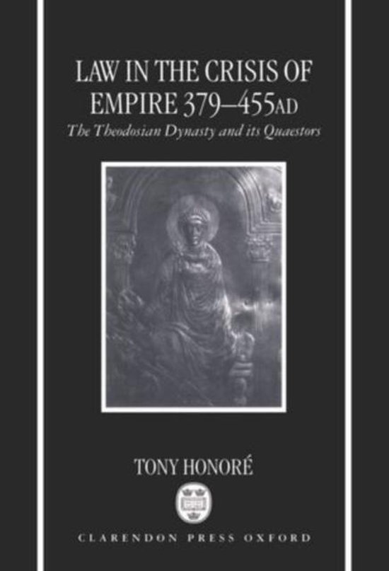 Boek 'Law in the Crisis of Empire 379-455 AD', met een afbeelding van een Romeinse keizer en tekst.