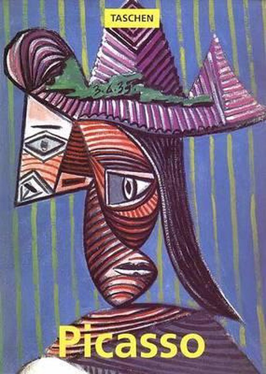 Boekcover met Picasso's portret 'Dame met Hoed'. Blauwe achtergrond met gele tekst 'Picasso'.
