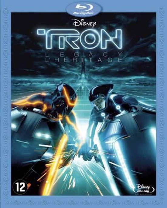 Blu-ray hoes van Tron Legacy met twee personages in futuristische pakken, lichtflitsen en het Disney logo.