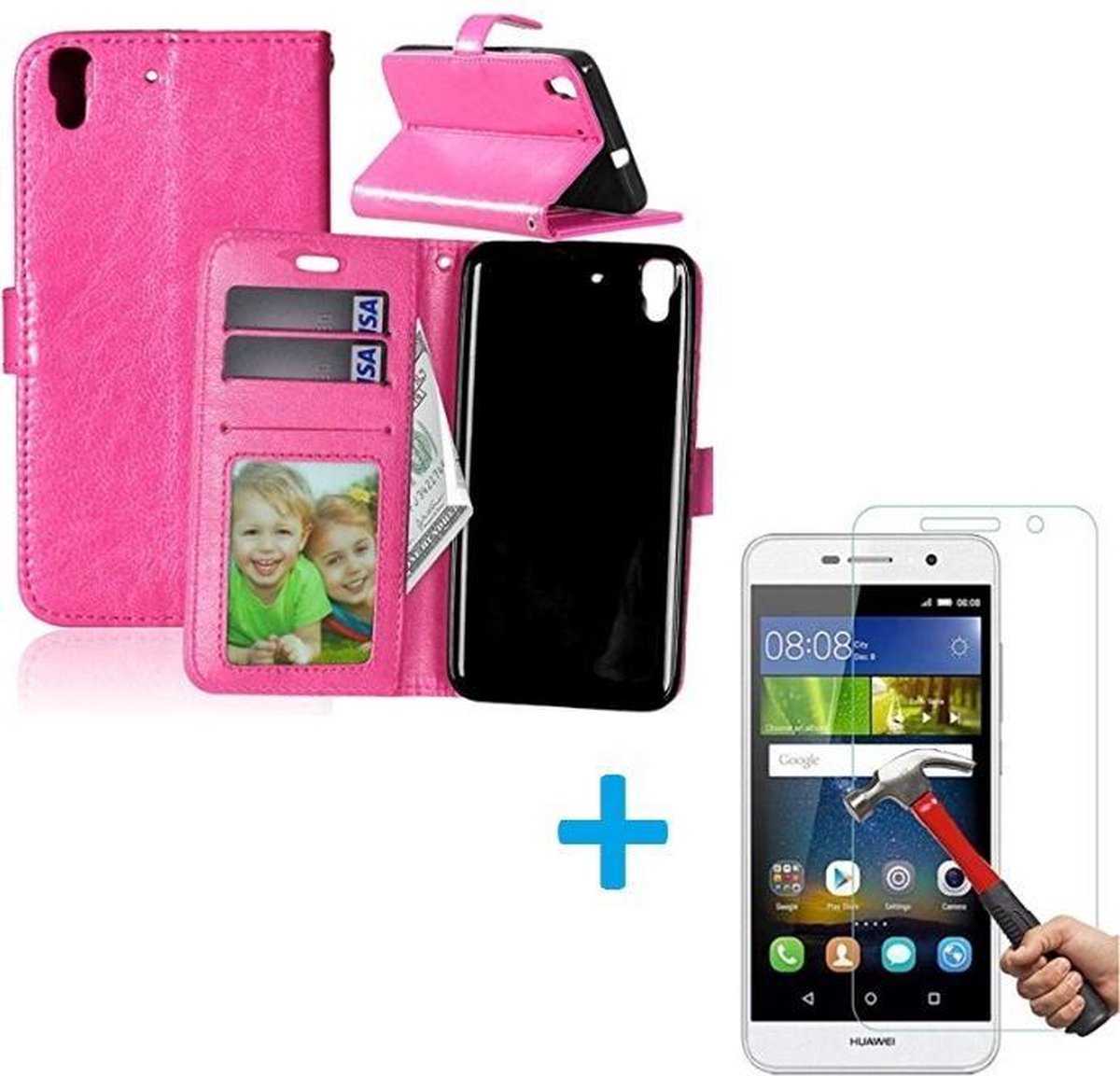 Telefoonhoesje Geschikt voor: Huawei Y6 2 Portemonnee hoes roze met Tempered Glas Screen protector