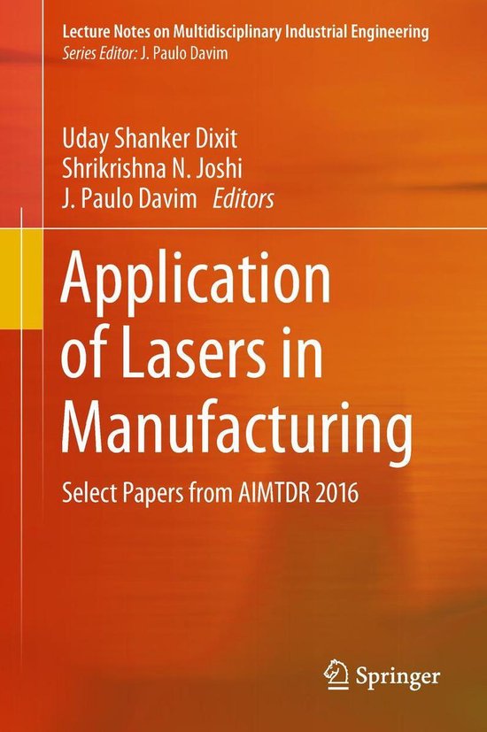 Boekomslag 'Application of Lasers in Manufacturing' met oranje achtergrond en witte tekst over industriële techniek.