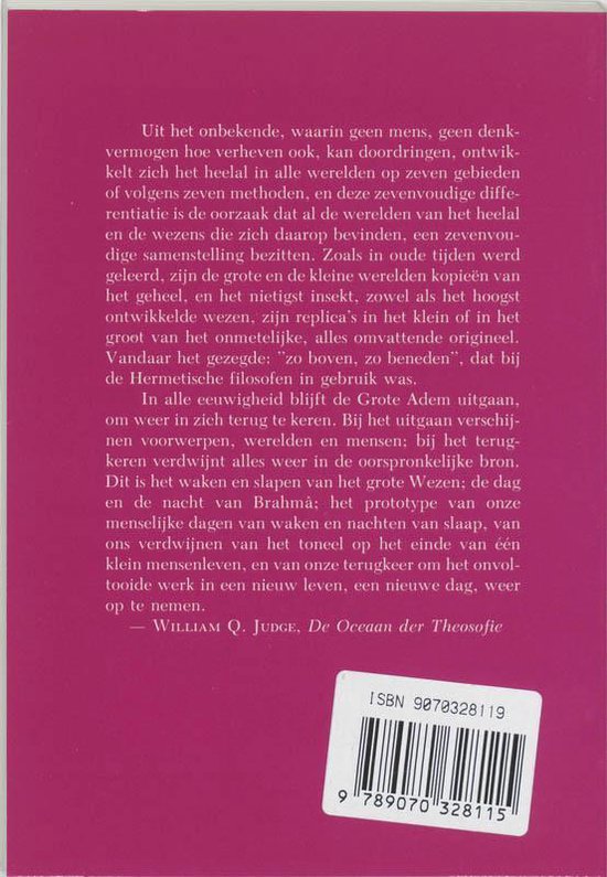 Achterkant van een boek met een lange tekst in het Nederlands, een ISBN-barcode en de tekst 'WILLIAM Q. JUDGE, De Oceaan der Theosofie'.