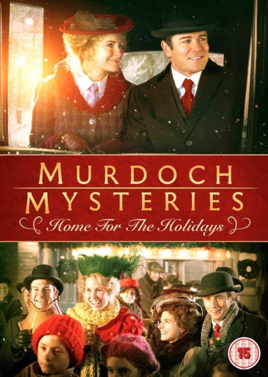 Murdoch Mysteries: Home for the Holidays DVD cover met een stel in winterse kleding en een groep feestvierders.