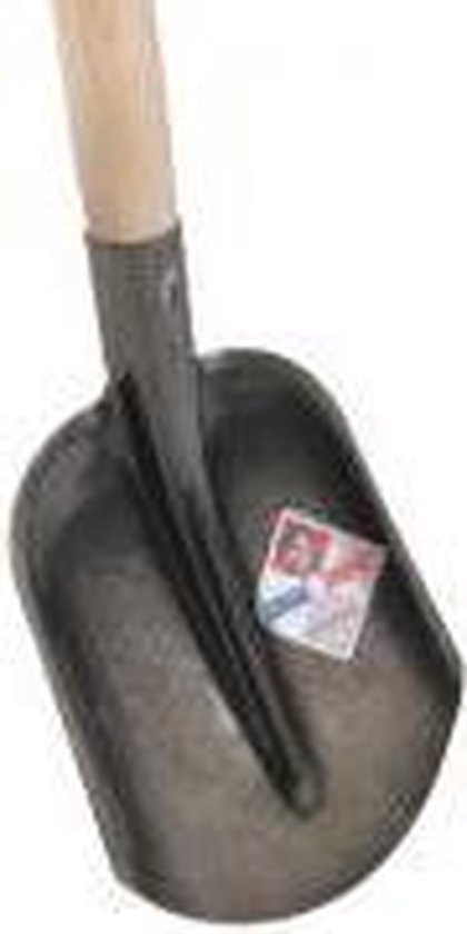 Zwarte metalen schop met houten steel en een "Gérard" sticker.