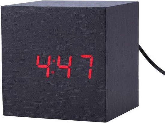 Houten wekker - digitale wekker - thermometer - zwart - 62 x 62 x 62 mm - DisQounts
