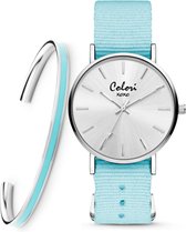 Colori XOXO 5 COL545 Horloge Geschenkset met Armband - Nato Band - Lichtblauw - ø 36 mm