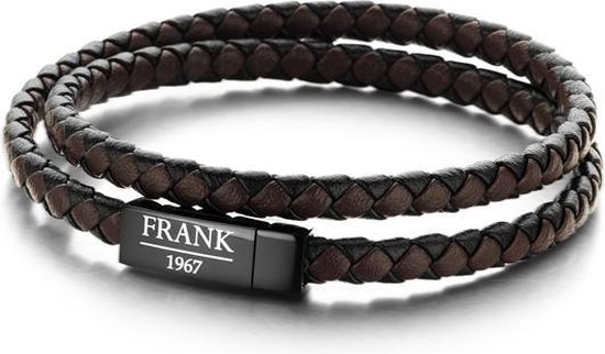 Frank 1967 7FB 0155 Bracelet Wrap pour homme avec Element en acier - Cuir tressé et double enveloppe - Taille M - Marron / Zwart