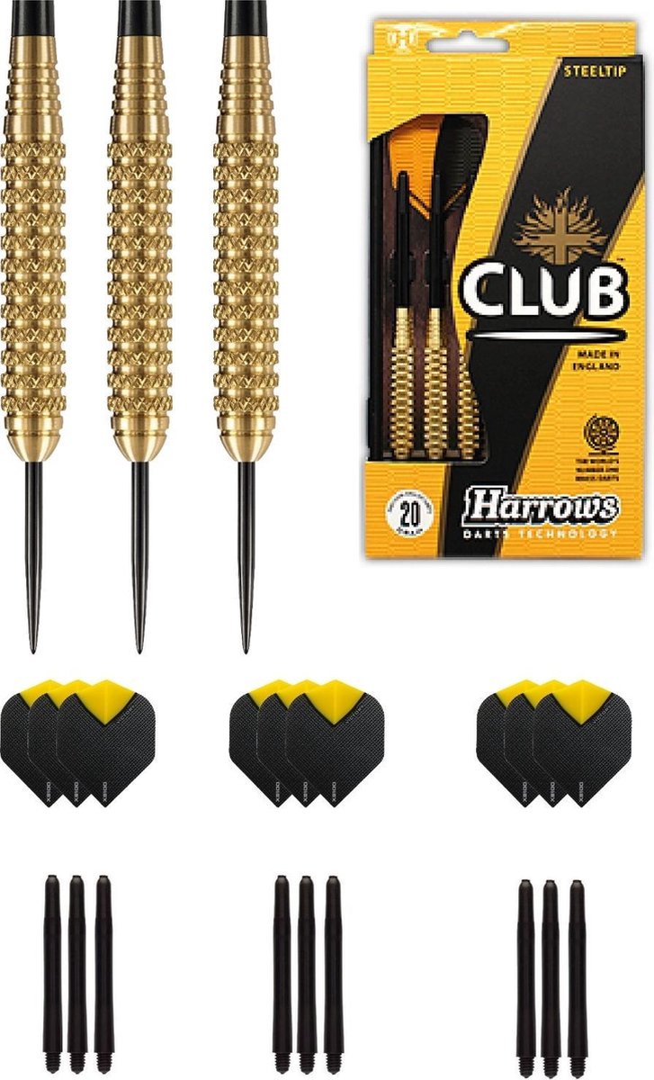 Harrows - Club Brass 100% Knurled Brass darts met 9 - dartshafts - en 9 - dartflights - 22 gram - dartpijlen