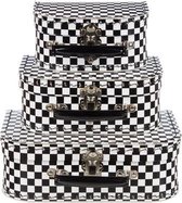 Kofferset - 3delig - 16-20-25cm - Zwart wit geblokt - Decoratie - Kartonnen koffer - Logeerkoffer - Speelkoffer - Poppenkoffer- Opbergen - Cadeau