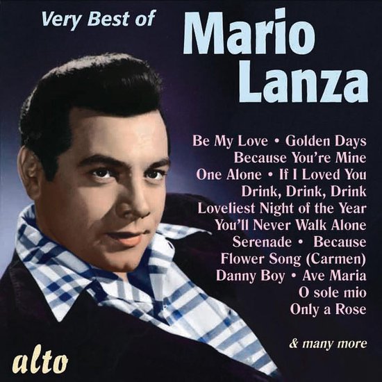 Albumcover 'Very Best of Mario Lanza' met Mario Lanza in een blauw-wit geruit overhemd.