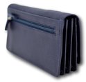 Arrière détaillé d'un portefeuille bleu foncé avec une poche zippée.
