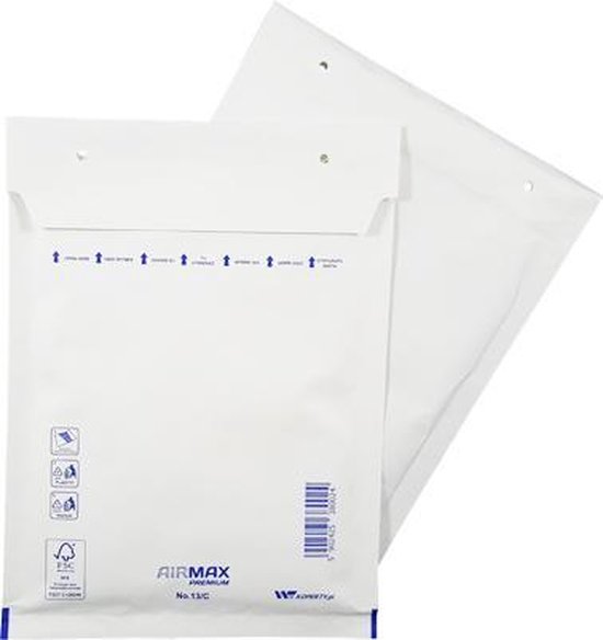 Witte luchtkussenenvelop C/13 (150x215mm) van Airmax Premium met blauwe bedrukking.