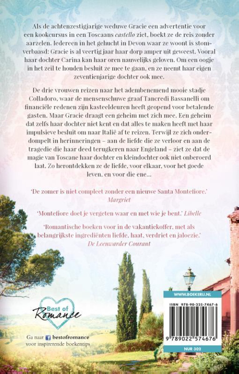 Achterkant van het boek "Onder de Italiaanse zon" met tekst en een hartvormig logo.