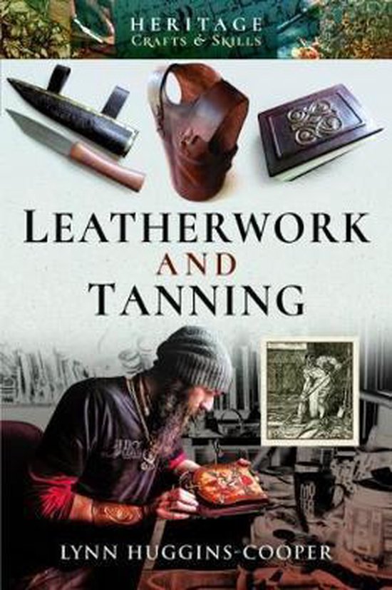 Boek "Leatherwork and Tanning" met afbeeldingen van leerproducten en een man die werkt aan leer.