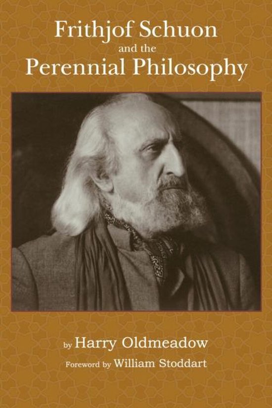 Boek "Frithjof Schuon en de Perenniale Filosofie" met een portret van Frithjof Schuon met lang wit haar en een baard.
