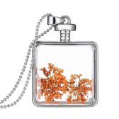 Fako Bijoux® - Ketting - Gedroogde Bloem - Vierkant - Zilverkleurig - Oranje