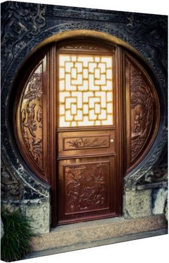 Traditionele Chinese deur Canvas 90x120 cm - Foto print op Canvas schilderij (Wanddecoratie woonkamer / slaapkamer)