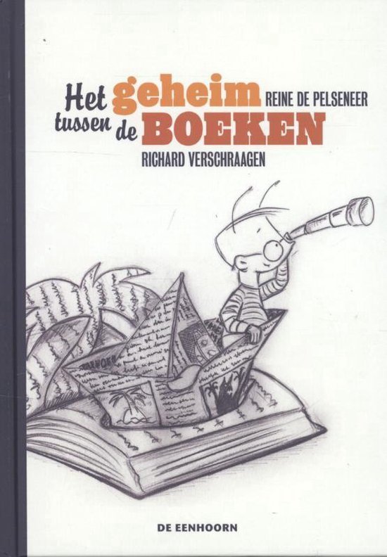 Het geheim tussen de boeken, illustratie van jongen in papieren boot op boek, kijkend door telescoop.
