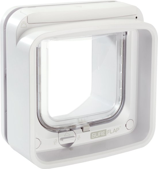 Wit SureFlap microchip kattenluik met transparante deur, op een witte achtergrond.
