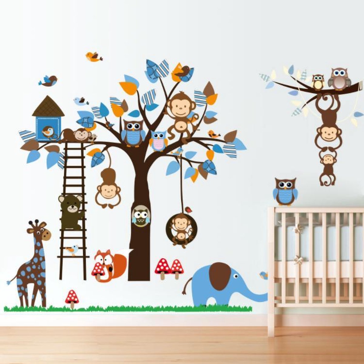 XL Boom Met Tak & Dieren Muursticker - Aapjes Met Uiltjes / Giraffe / Olifant & Vogels