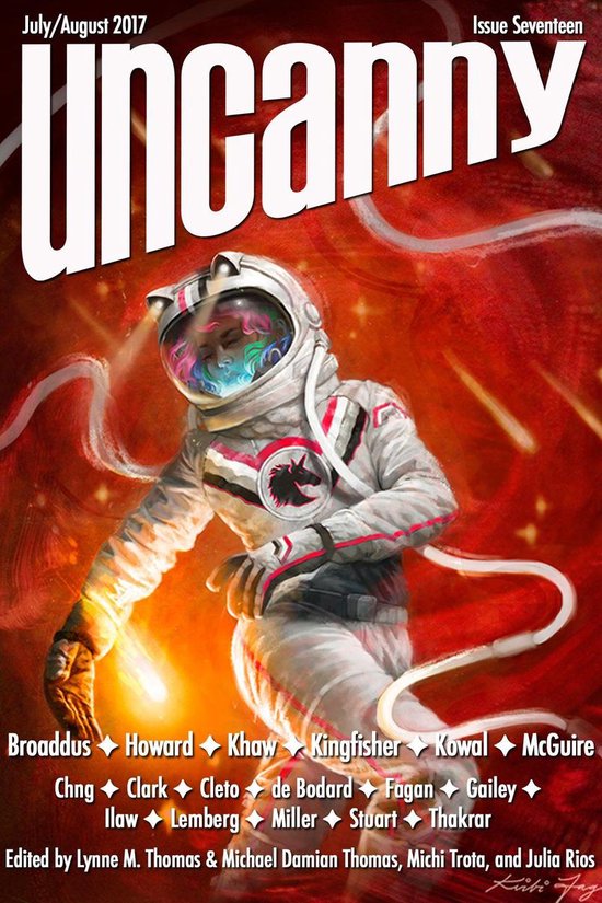Magazine Uncanny, numéro 17, juillet/août 2017. Astronaute au casque coloré regardant vers la Terre.