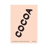 Boek 'Cocoa' met grote zwarte letters op een perzikkleurige achtergrond. Tekst: 'AN EXPLORATION OF CHOCOLATE, WITH RECIPES'.