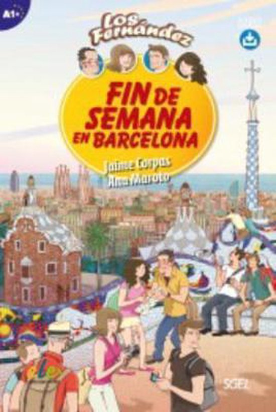 Boekomslag van 'Fin de Semana en Barcelona' met tekeningen van mensen en de Sagrada Familia, Barcelona.