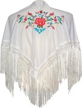 Spaanse manton - omslagdoek - voor kinderen - wit met bloemen - bij flamencojurk