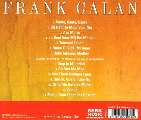 CD hoes met de titel FRANK GALAN en een lijst met 14 nummers.