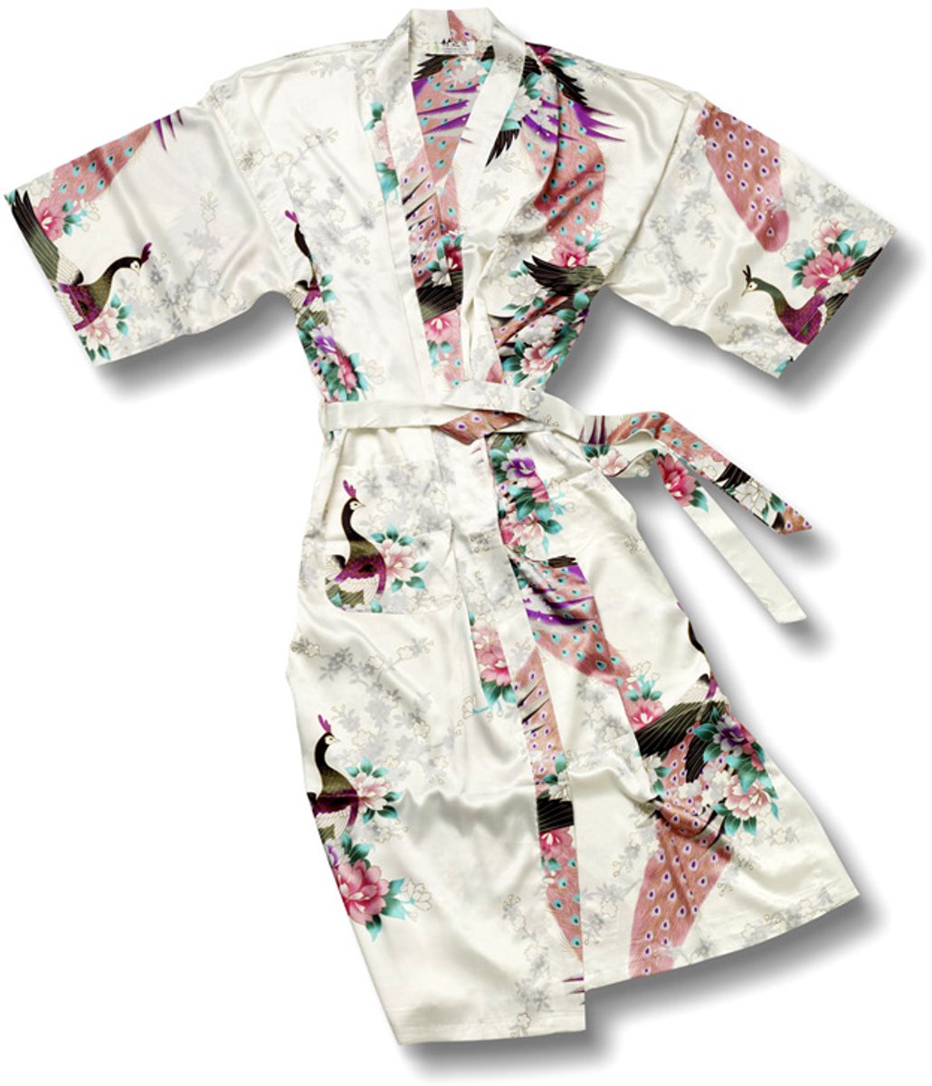 TA-HWA - Dames Kimono - Wit - met Pauwmotief - Maat S