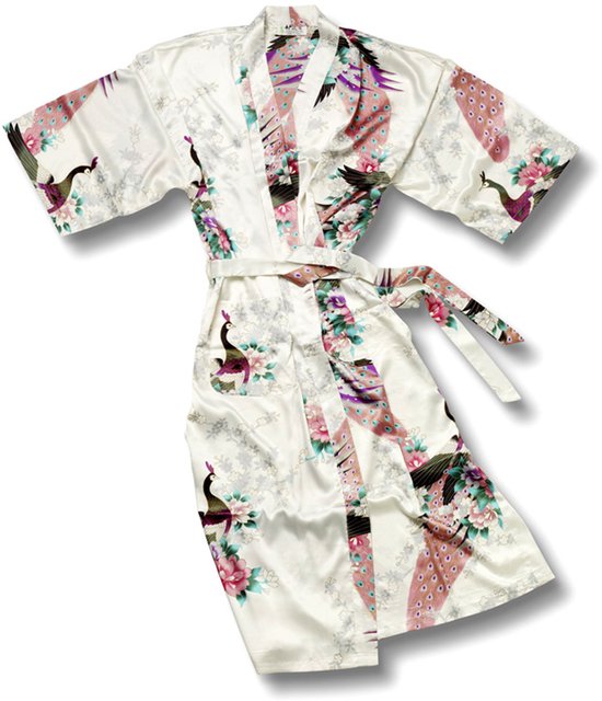 TA-HWA - Dames Kimono - Wit - met Pauwmotief - Maat S