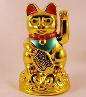 Maneki Neko zwaaiende gelukskat geluksbrenger - kunststof - goudkleurig - 11,5x7cm