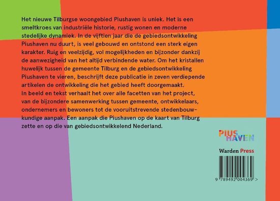 Boek met tekst en logo 'PIUSHAVEN Warden Press'. Kleurrijke achtergrond.