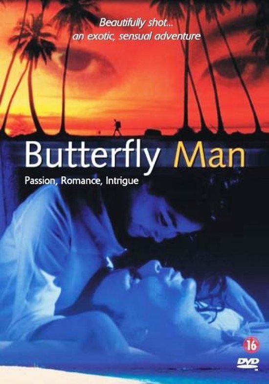 DVD-hoes van 'Butterfly Man' met twee personen, een tropisch strand en palmbomen.