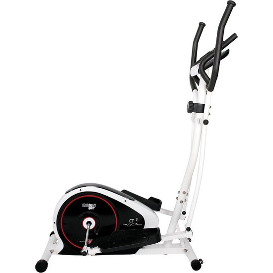 Een witte crosstrainer met zwarte handgrepen en een rood-zwart accent op de aandrijving.