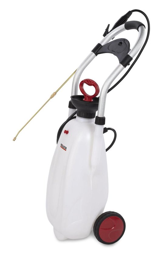 Witte drukpomp op trolley met zilveren handgrepen, rode pomphendel en spuitlans.