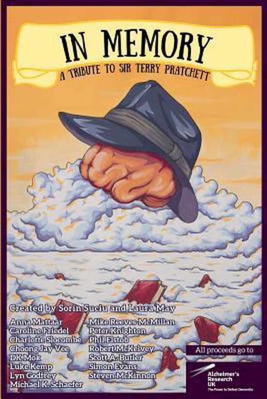 Poster "In Memory A Tribute To Sir Terry Pratchett" met een hersenschedel onder een hoed bovenop wolken.