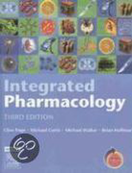 Boekomslag van 'Integrated Pharmacology' derde editie, met mozaïek van gedroogde kruiden en fruit.