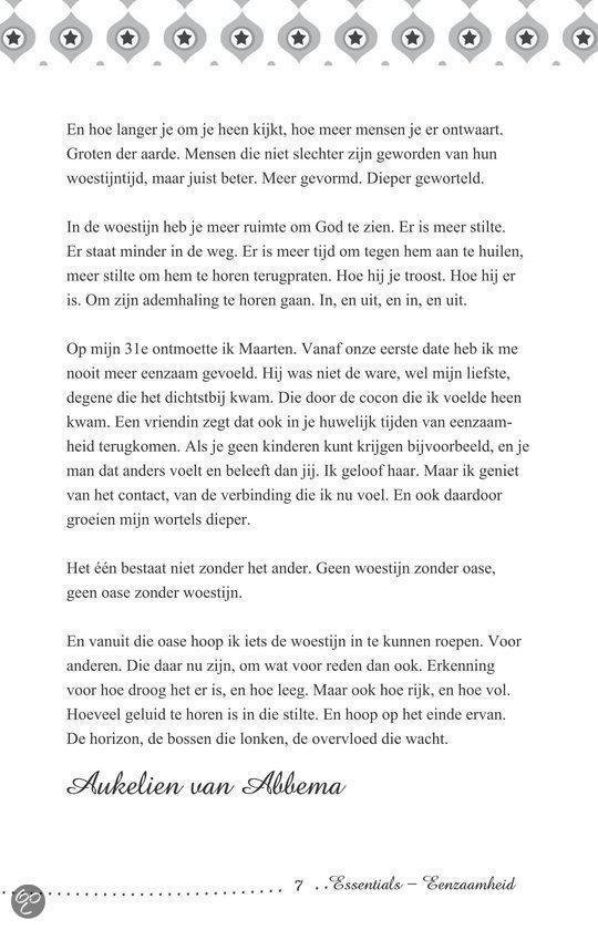 Pagina met tekst over eenzaamheid en de woestijn. De tekst eindigt met de naam 'Aukelien van Abbema'.