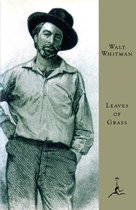Een zwart-wit illustratie van Walt Whitman met een hoed, overhemd en broek, met de tekst 'Leaves of Grass'.