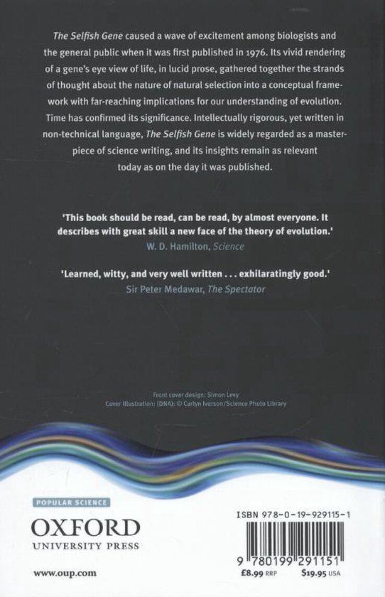 Achterkant van het boek 'The Selfish Gene' met tekst over de inhoud en recensies.